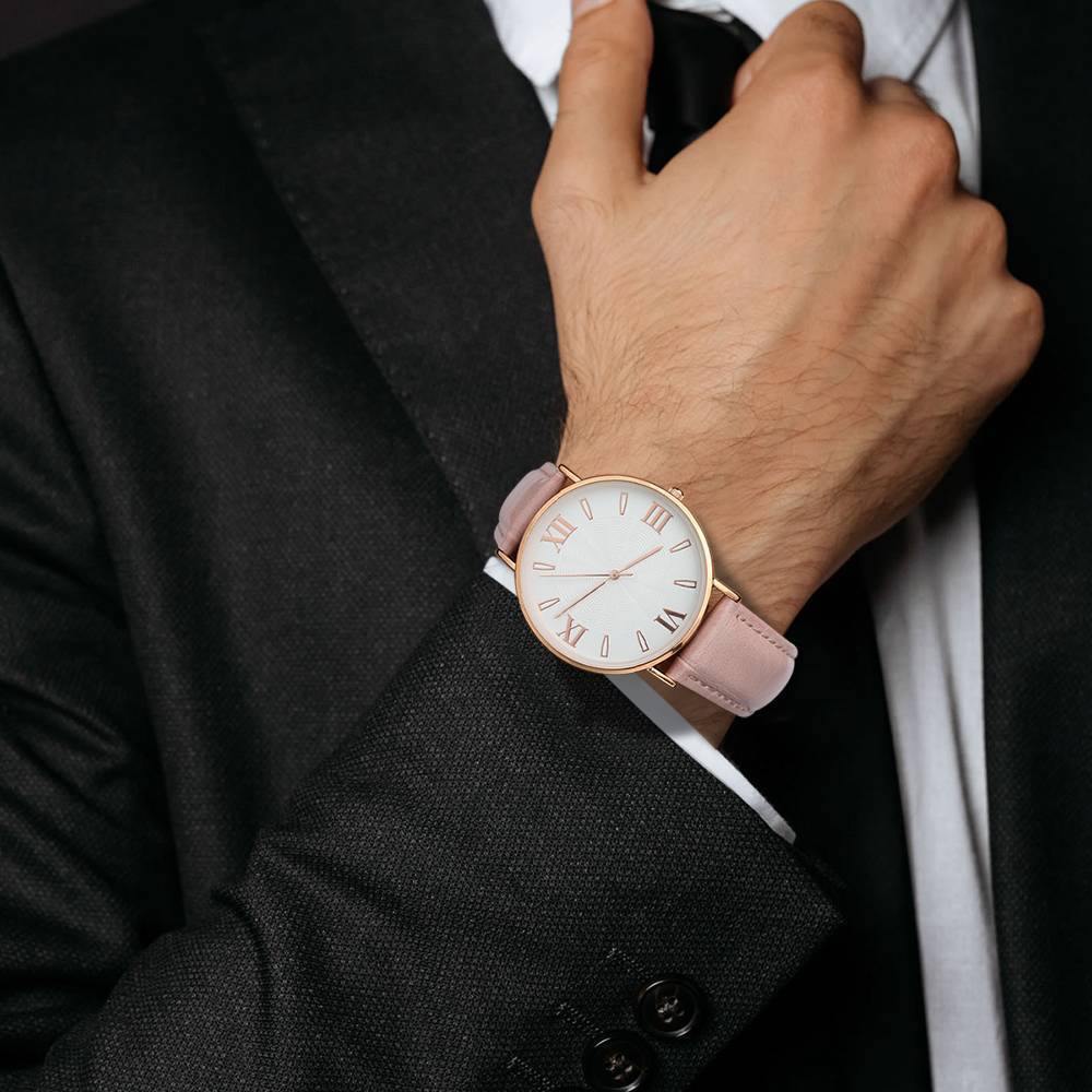 White Dial Watch Fashion Quartz Pink Leather Strap - Men's