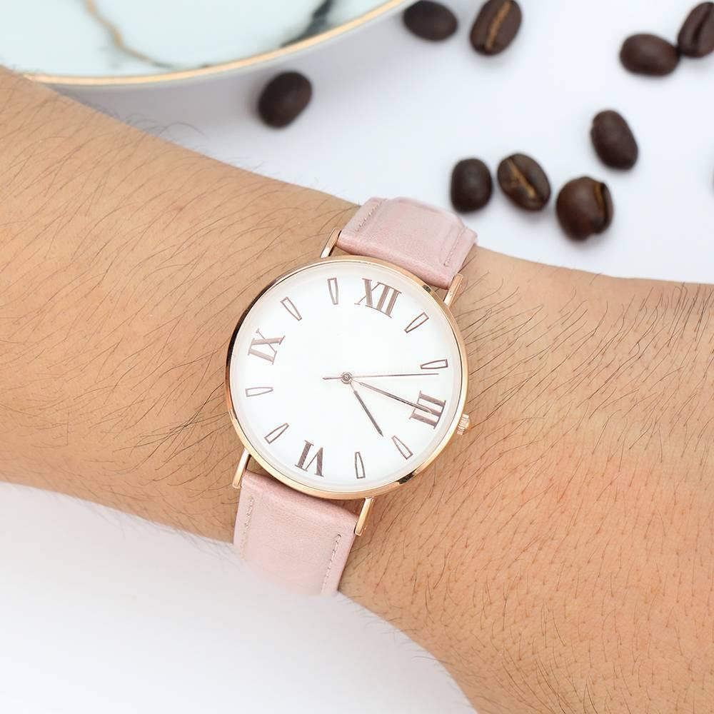 White Dial Watch Fashion Quartz Pink Leather Strap - Men's