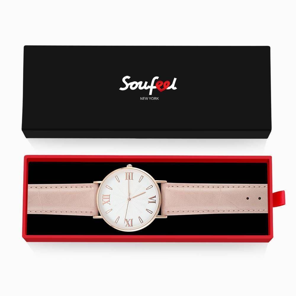 White Dial Watch Fashion Quartz Pink Leather Strap - Men's