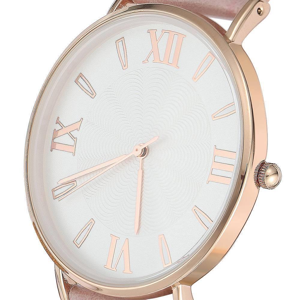 White Dial Watch Fashion Quartz Pink Leather Strap - Men's