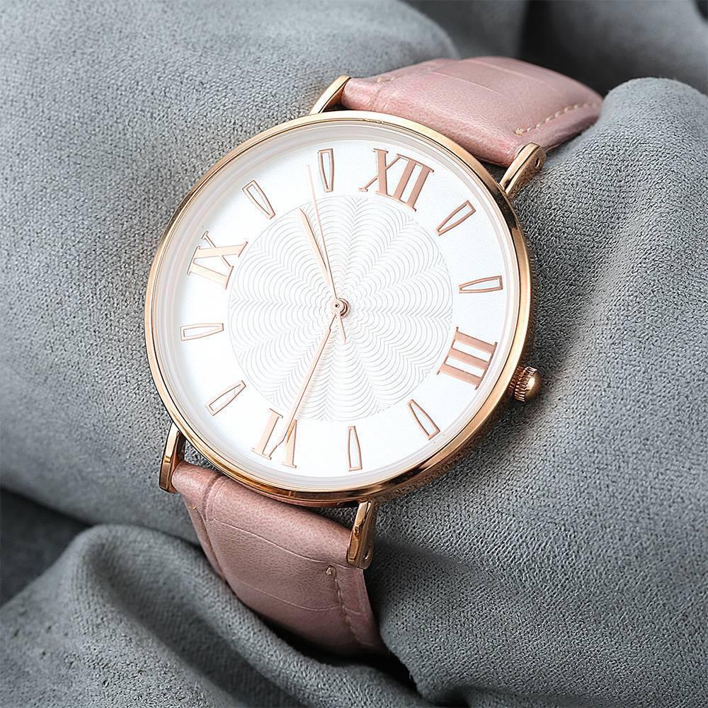 White Dial Watch Fashion Quartz Pink Leather Strap - Women's