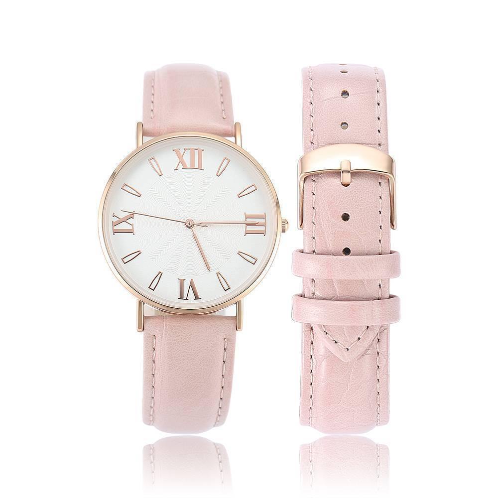 White Dial Watch Fashion Quartz Pink Leather Strap - Women's
