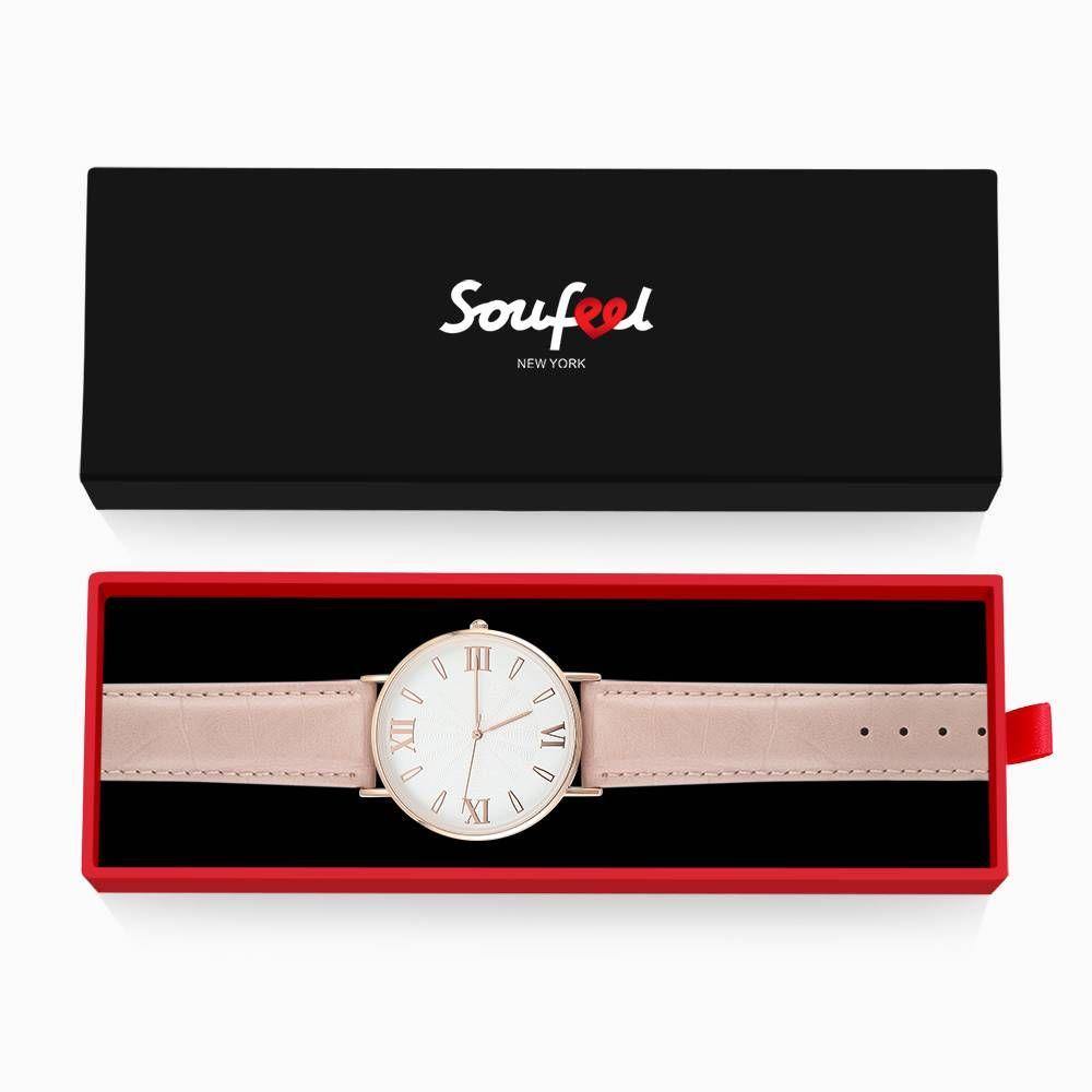 White Dial Watch Fashion Quartz Pink Leather Strap - Women's