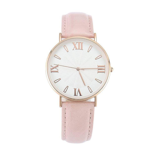 White Dial Watch Fashion Quartz Pink Leather Strap - Women's