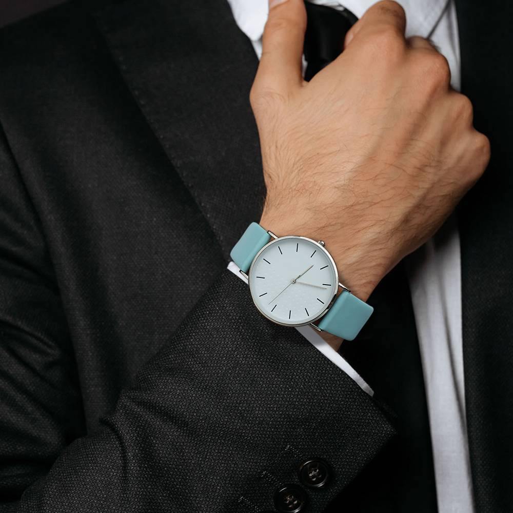 White Dial Watch Fashion Quartz Blue Leather Strap - Men's