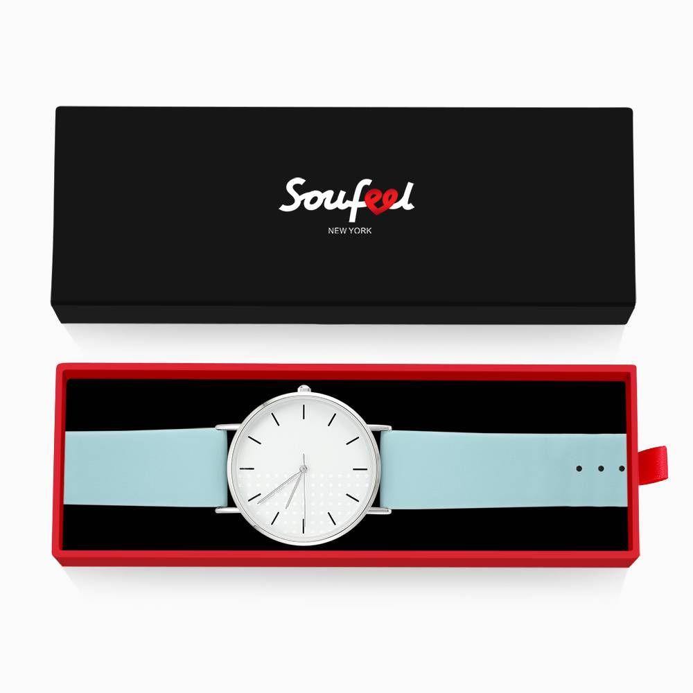 White Dial Watch Fashion Quartz Blue Leather Strap - Men's
