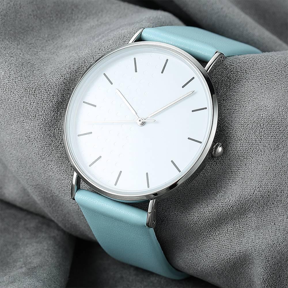 White Dial Watch Fashion Quartz Blue Leather Strap - Women's