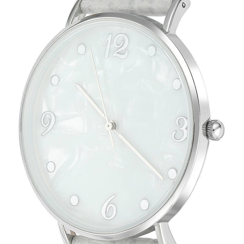Casual Marble Dial Watch Grey Leather Strap - Women's