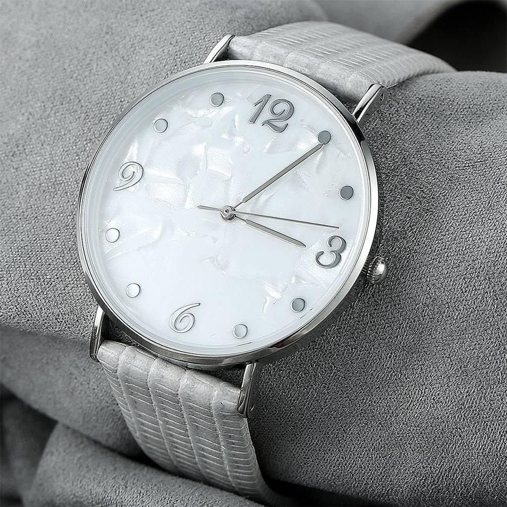 Casual Marble Dial Watch Grey Leather Strap - Women's