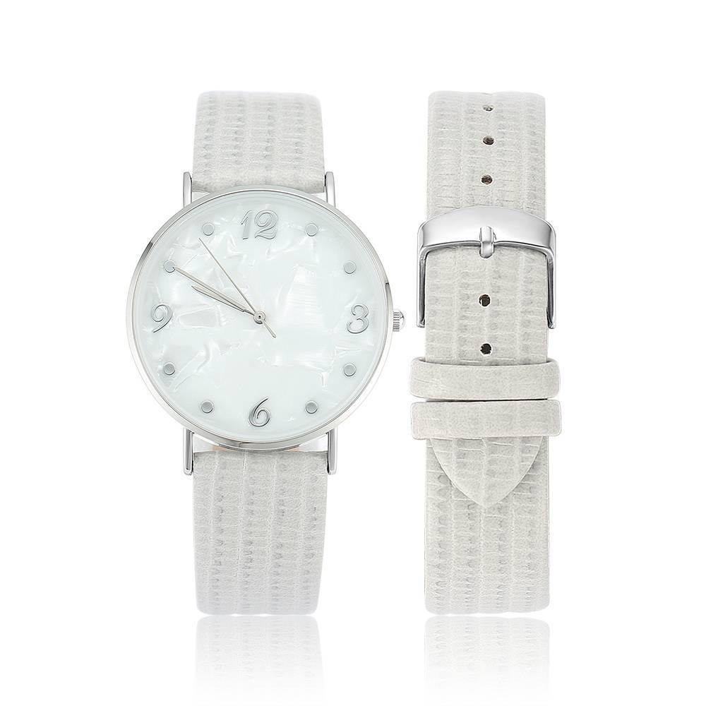 Casual Marble Dial Watch Grey Leather Strap - Women's