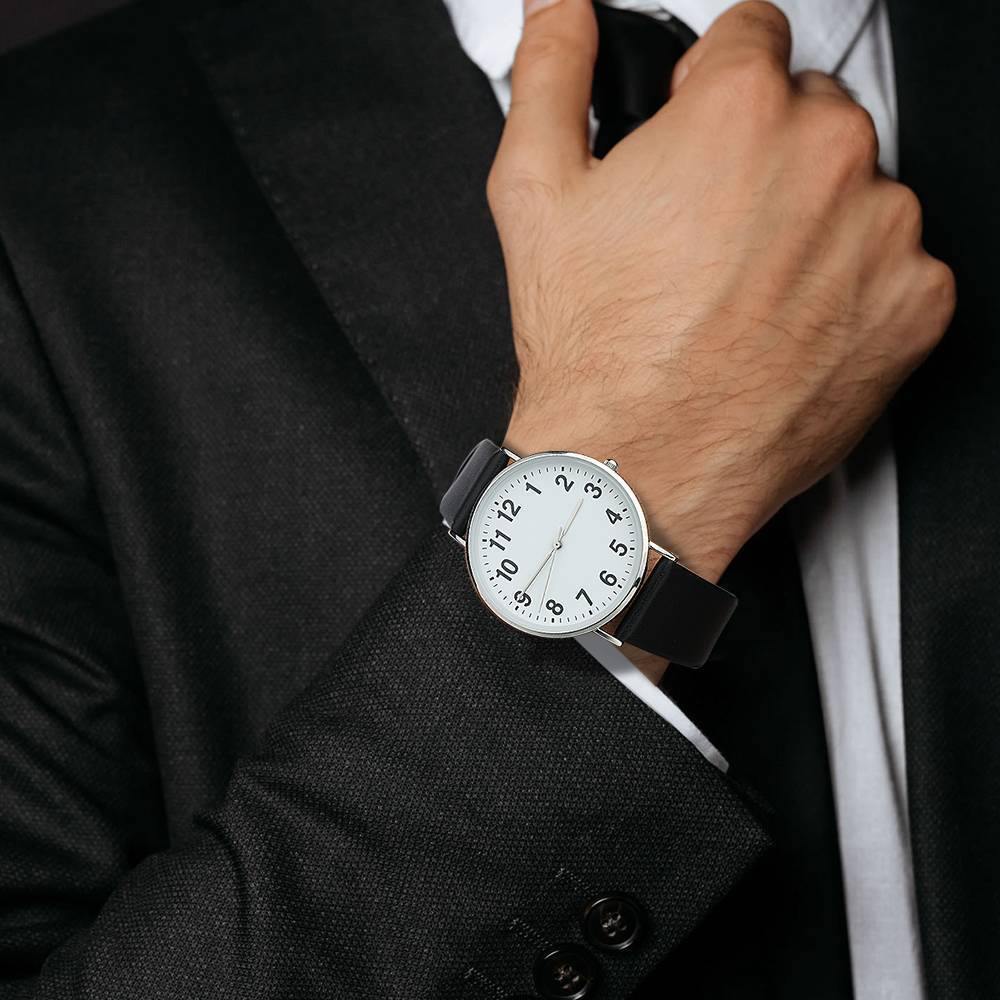 Digital Dial Watch Quartz Black Leather Strap - Men's