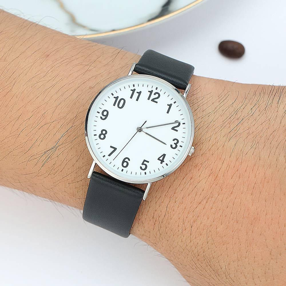 Digital Dial Watch Quartz Black Leather Strap - Men's