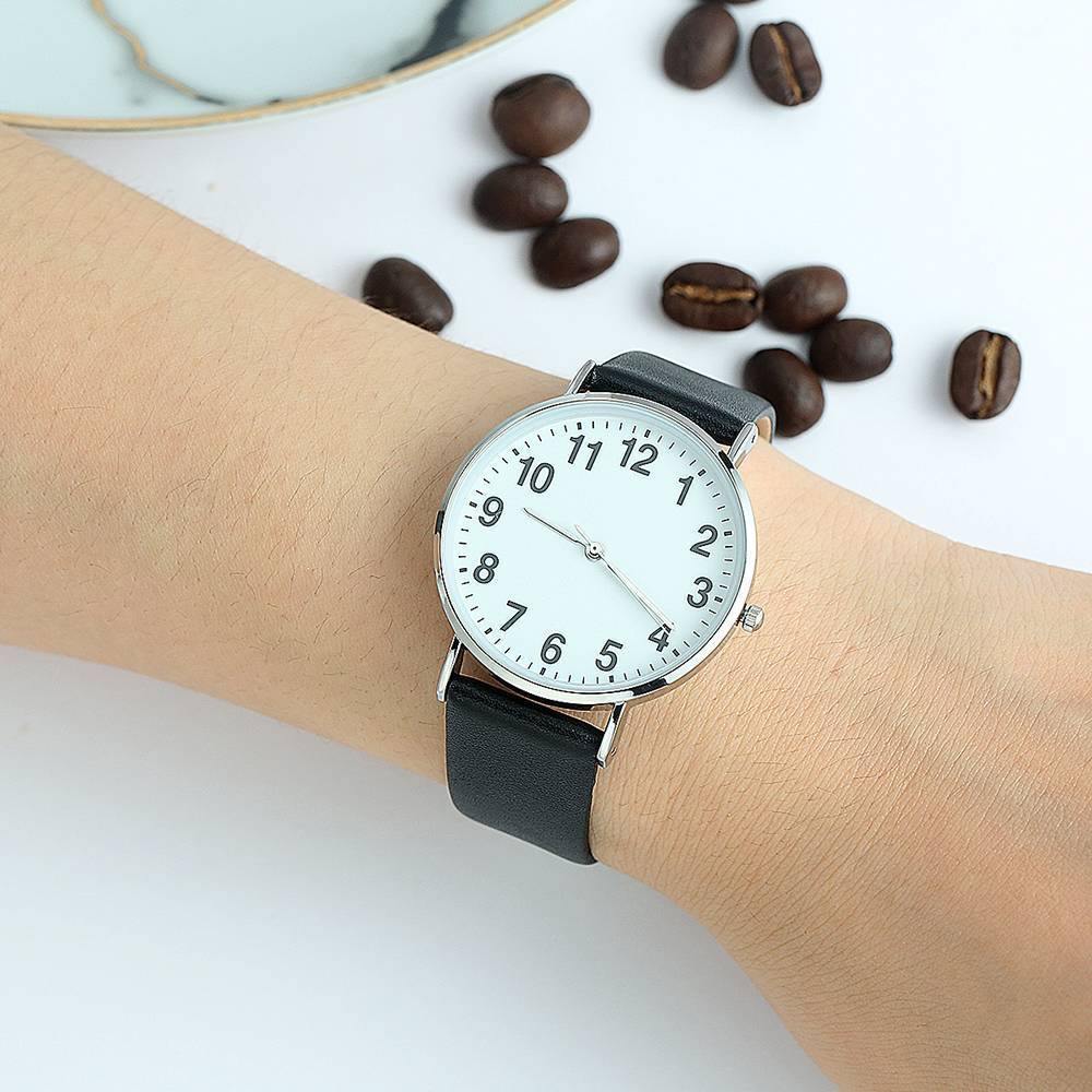 Digital Dial Watch Quartz Black Leather Strap - Women's
