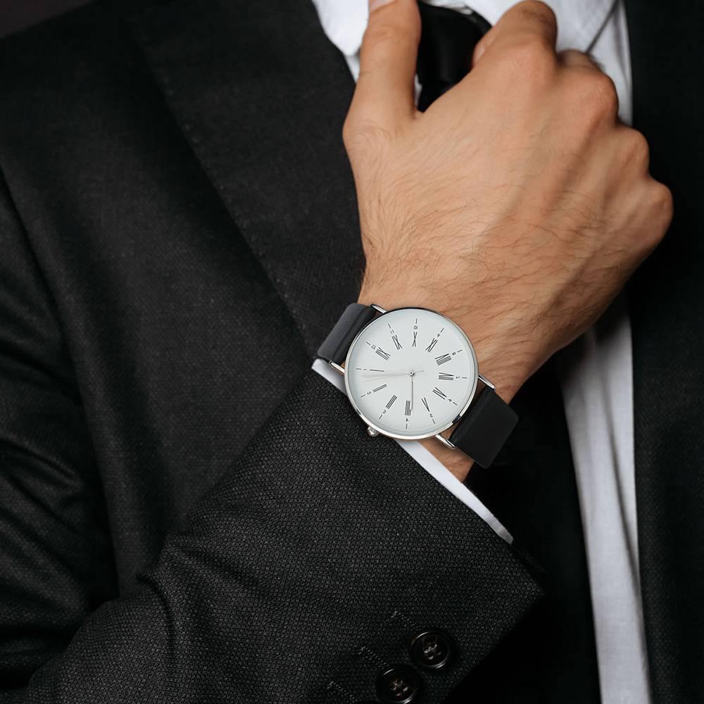 White Dial Watch Fashion Quartz Black Leather Strap Business Watch - Men's