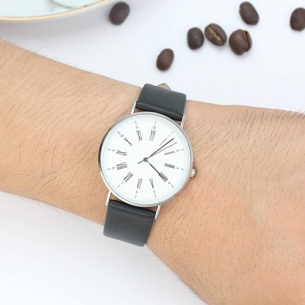 White Dial Watch Fashion Quartz Black Leather Strap Business Watch - Men's