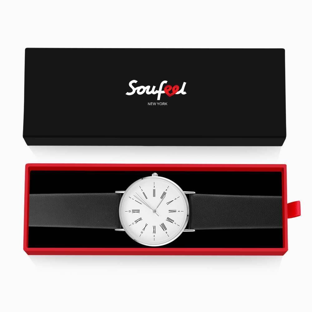 White Dial Watch Fashion Quartz Black Leather Strap Business Watch - Men's