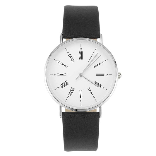 White Dial Watch Fashion Quartz Black Leather Strap Business Watch - Men's