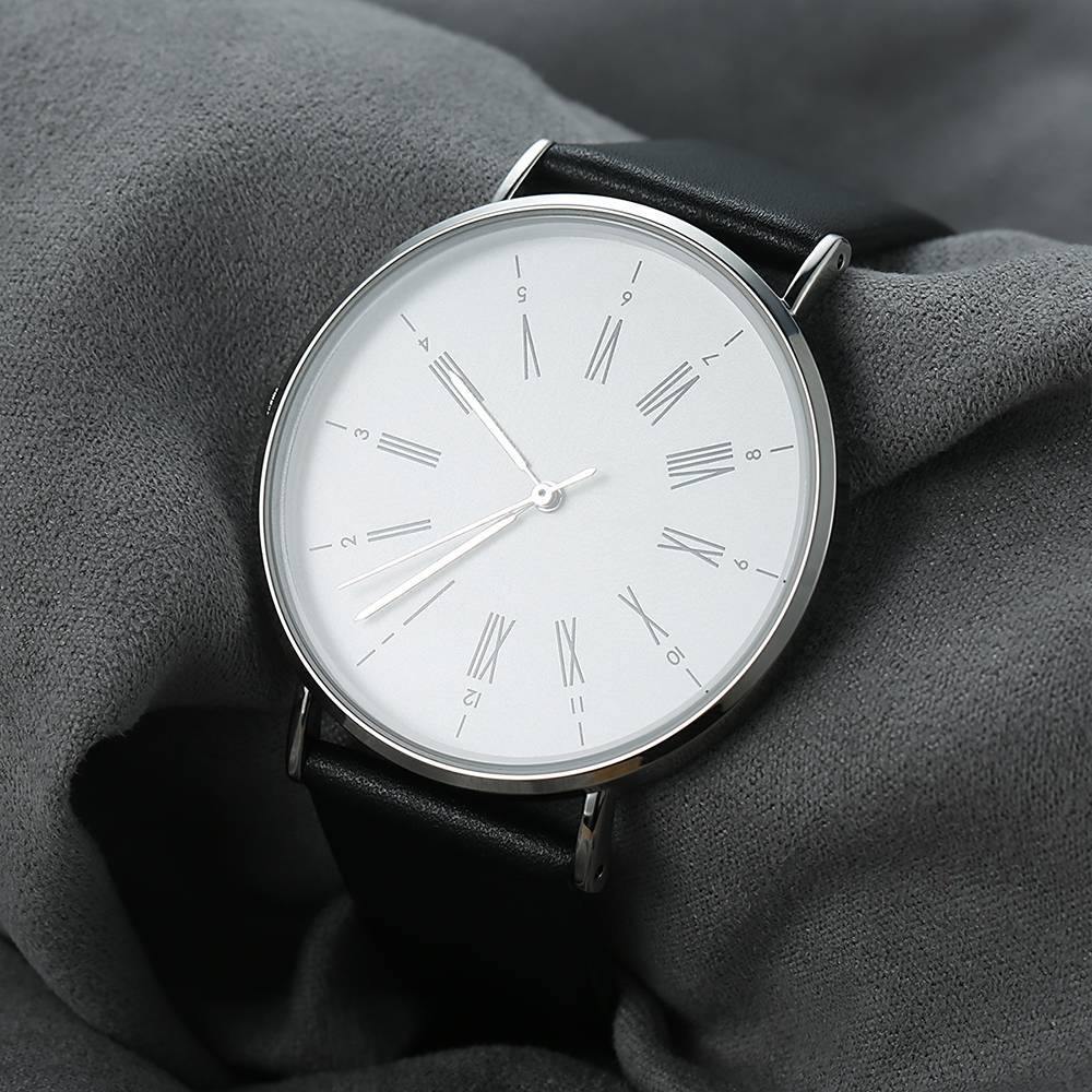 White Dial Watch Fashion Quartz Black Leather Strap Business Watch - Women's