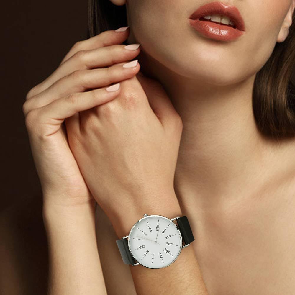White Dial Watch Fashion Quartz Black Leather Strap Business Watch - Women's