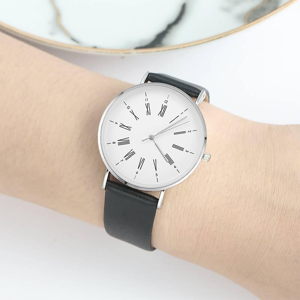 White Dial Watch Fashion Quartz Black Leather Strap Business Watch - Women's
