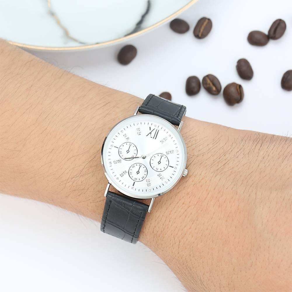 Automatic Watch White Dial Black Leather Strap - Men's