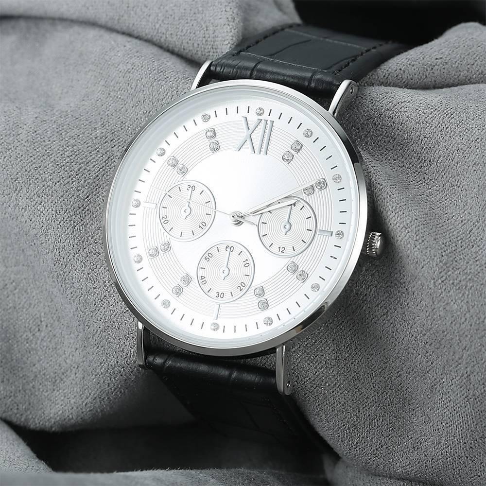 Automatic Watch White Dial Black Leather Strap - Women's