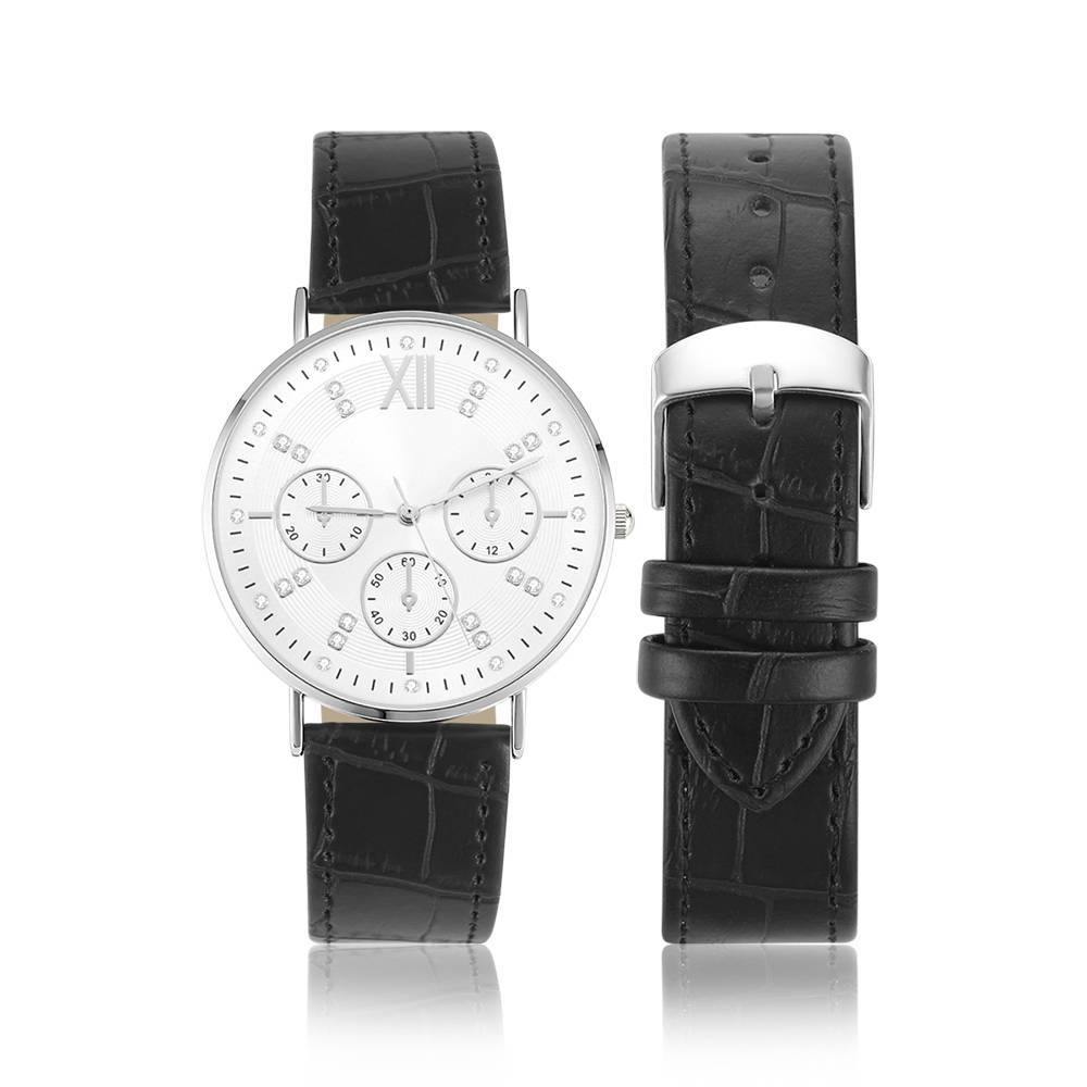 Automatic Watch White Dial Black Leather Strap - Women's