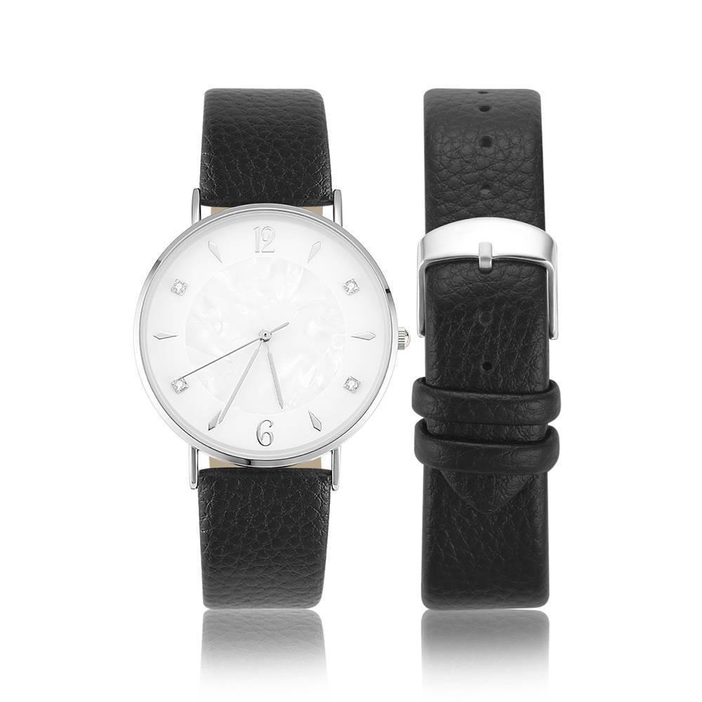 Marble Dial Watch Black Leather Strap - Women's