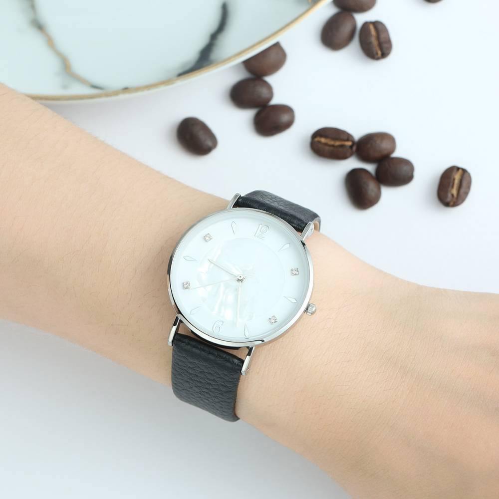 Marble Dial Watch Black Leather Strap - Women's