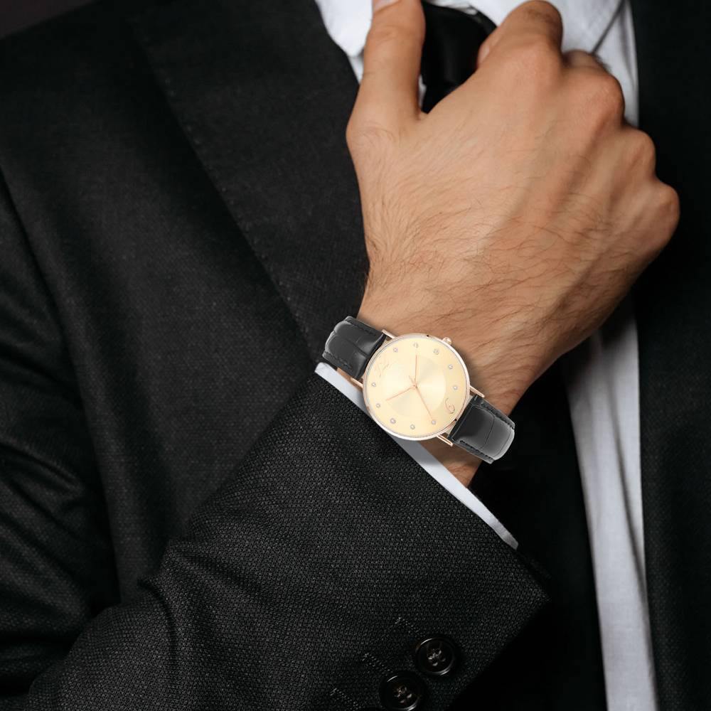 Golden Dial Watch Fashion Quartz Black Leather Strap - Men's