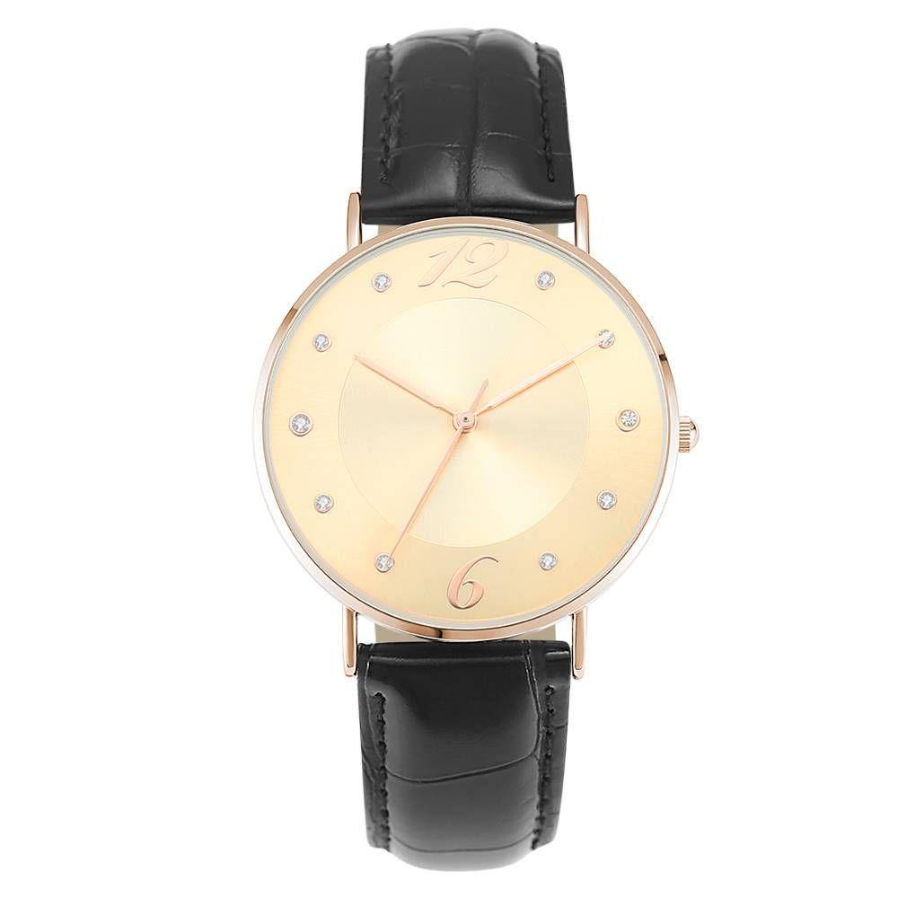 Golden Dial Watch Fashion Quartz Black Leather Strap - Men's
