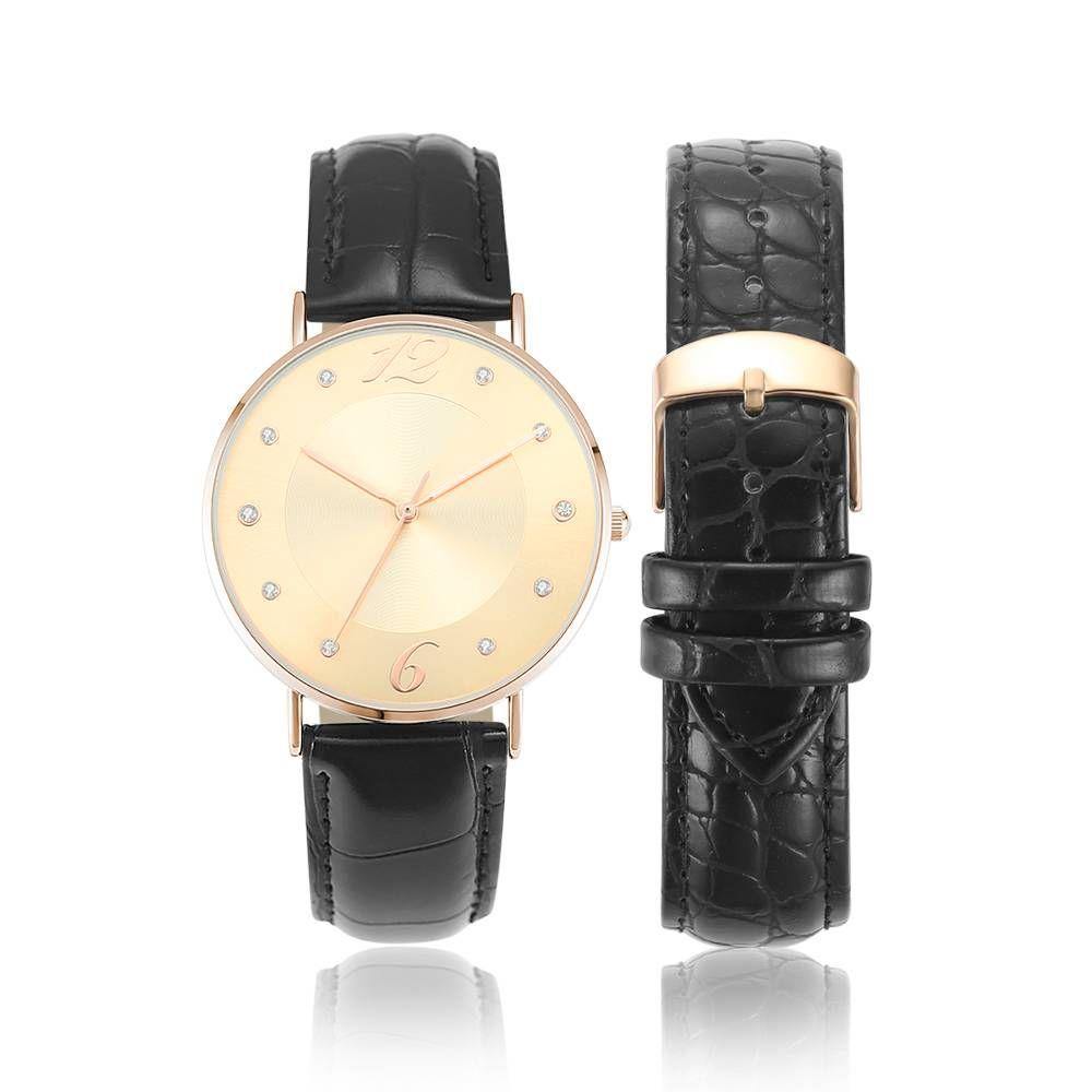 Golden Dial Watch Fashion Quartz Black Leather Strap - Women's