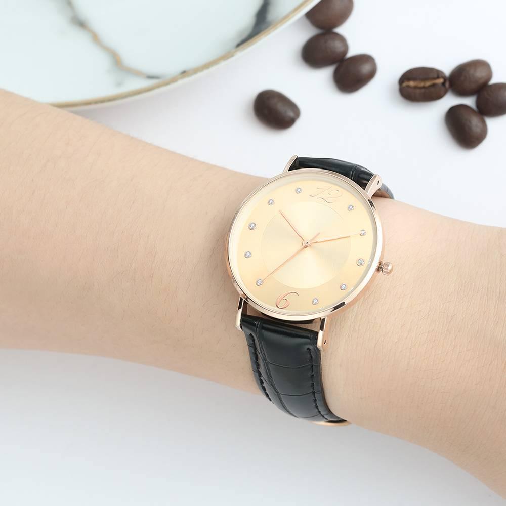 Golden Dial Watch Fashion Quartz Black Leather Strap - Women's