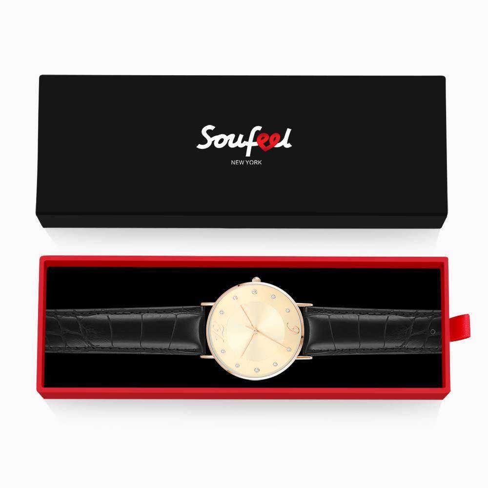 Golden Dial Watch Fashion Quartz Black Leather Strap - Women's