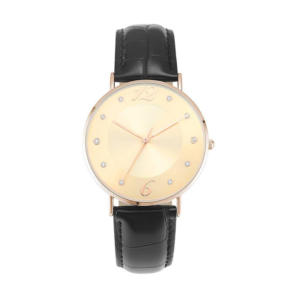 Golden Dial Watch Fashion Quartz Black Leather Strap - Women's