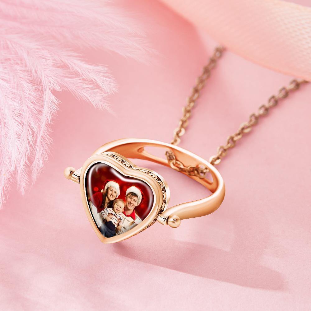 Photo Necklace, Photo Ring Gifts Dual-use (Ring Size 7#) Rose Gold Plated Silver