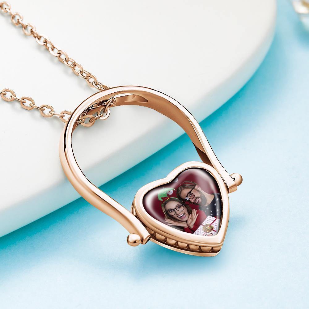 Photo Necklace, Photo Ring Couple's Gifts Dual-use (Ring Size 8#) Rose Gold Plated Silver