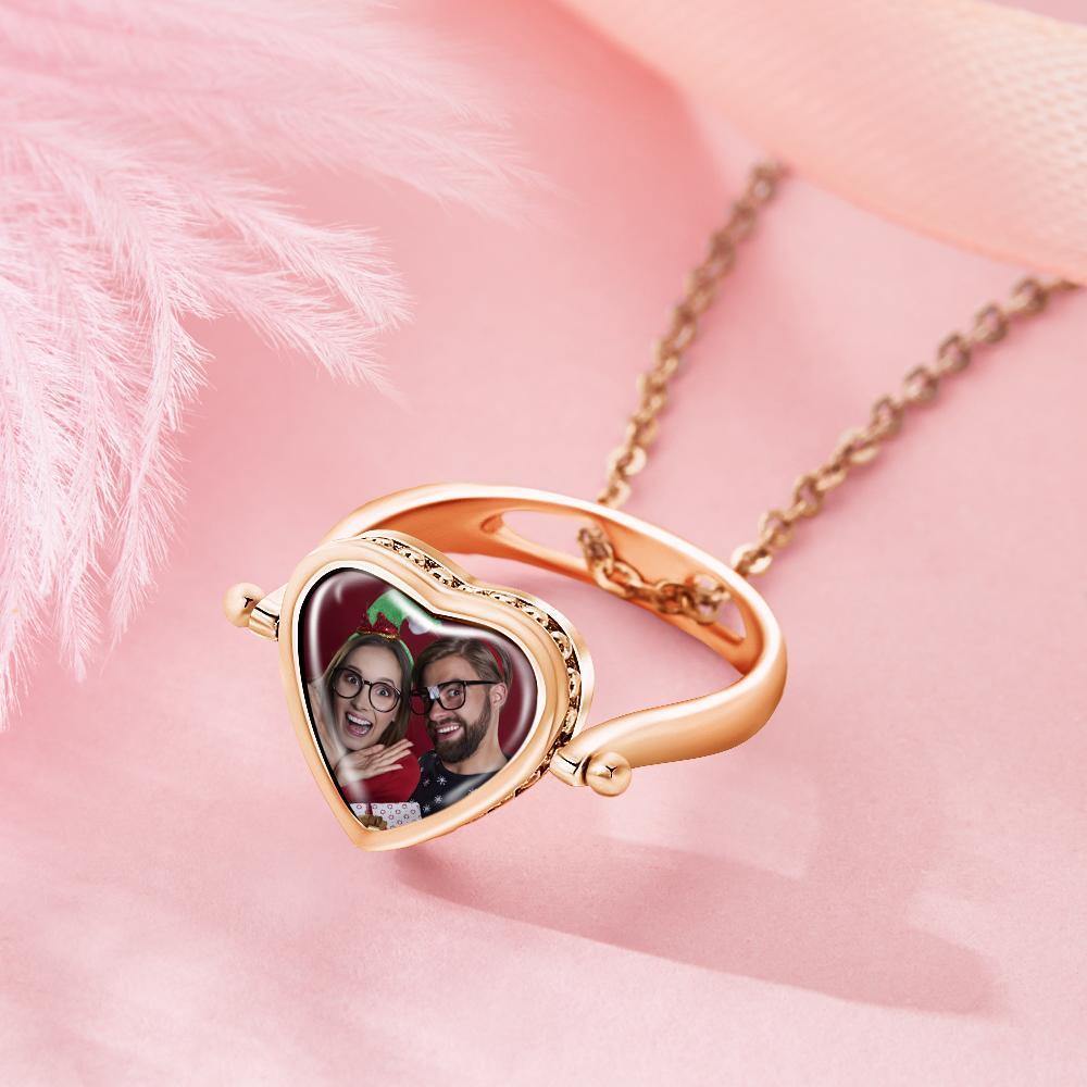 Photo Necklace, Photo Ring Couple's Gifts Dual-use (Ring Size 8#) Rose Gold Plated Silver