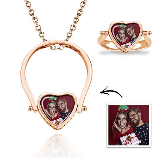 Photo Necklace, Photo Ring Couple's Gifts Dual-use (Ring Size 8#) Rose Gold Plated Silver