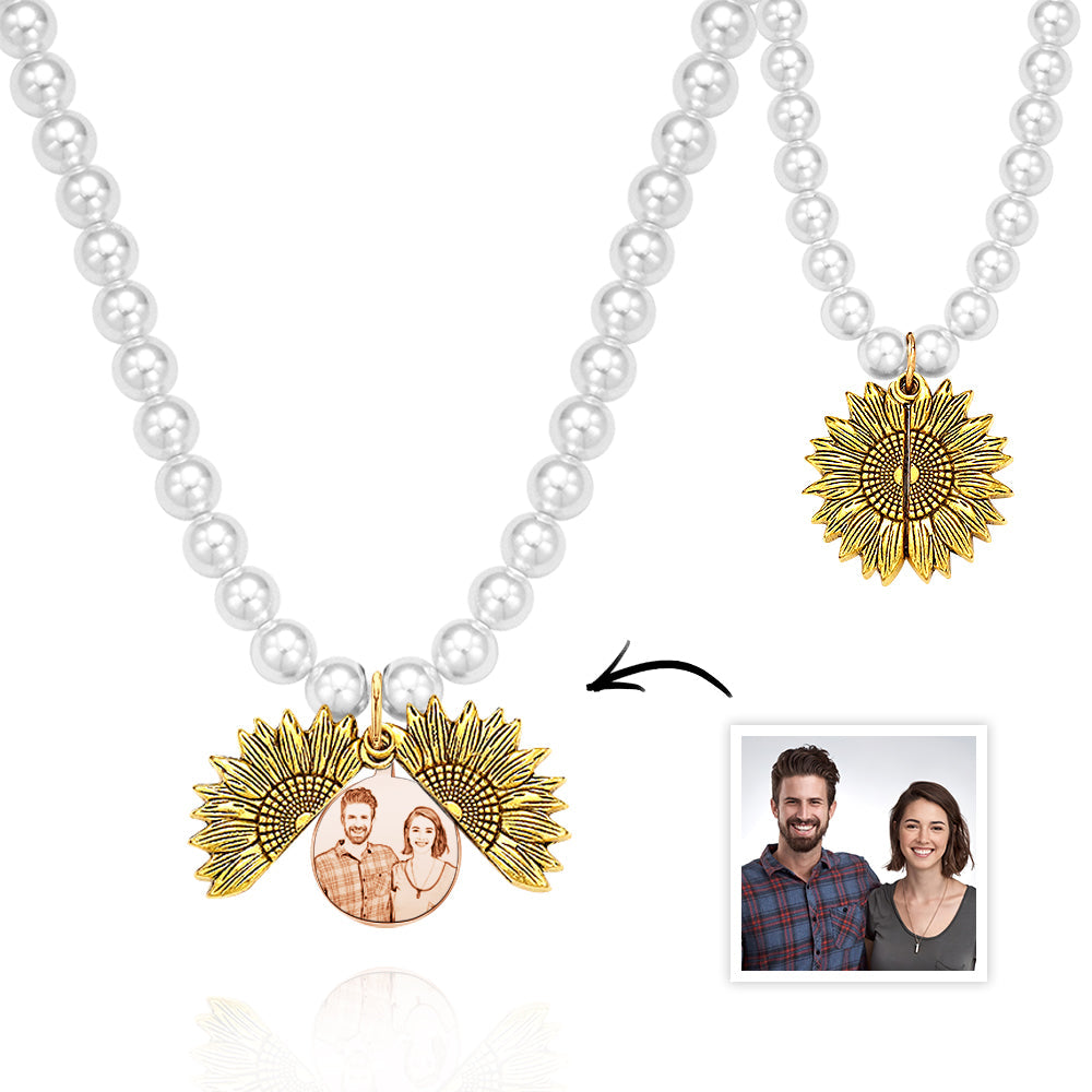 Custom Photo Necklace Vintage Flower Pearl Love Gift