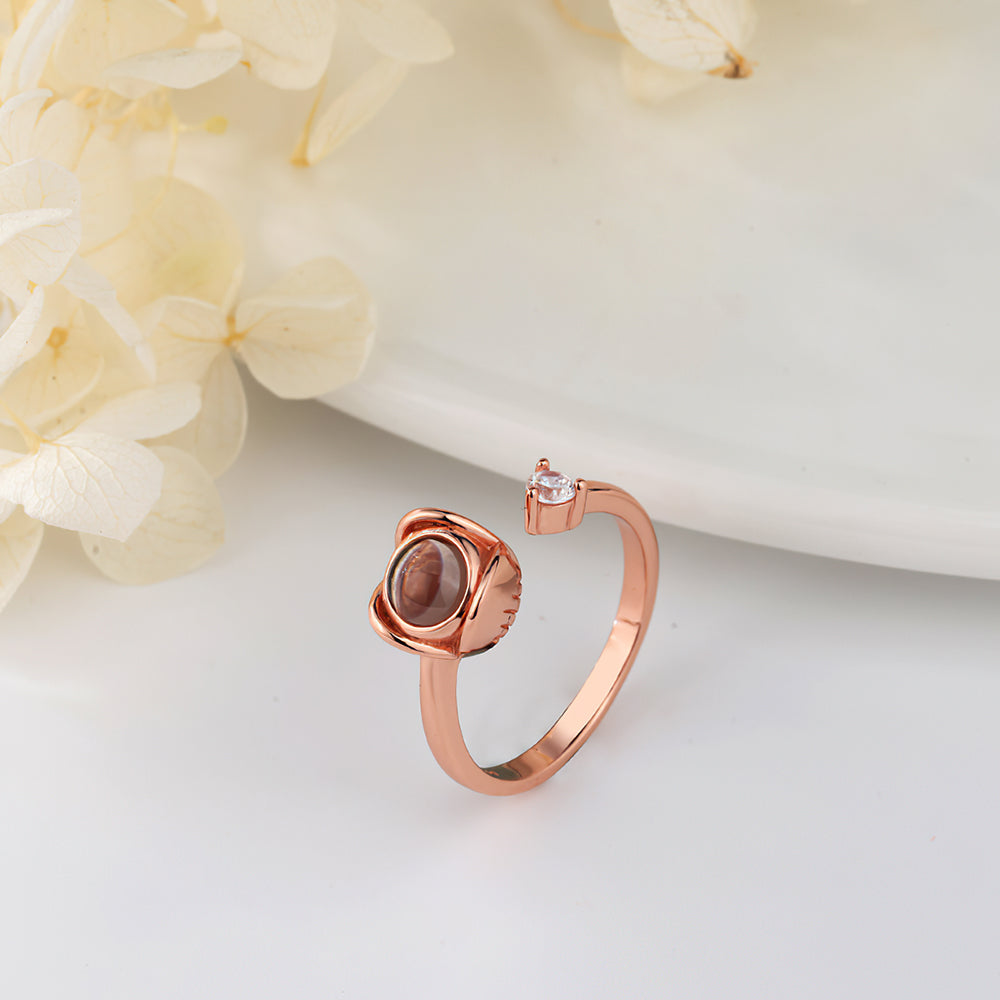 Custom I Love You in 100 Languages Projection Photo Adjustable Ring Rose Shaped Gift for Her