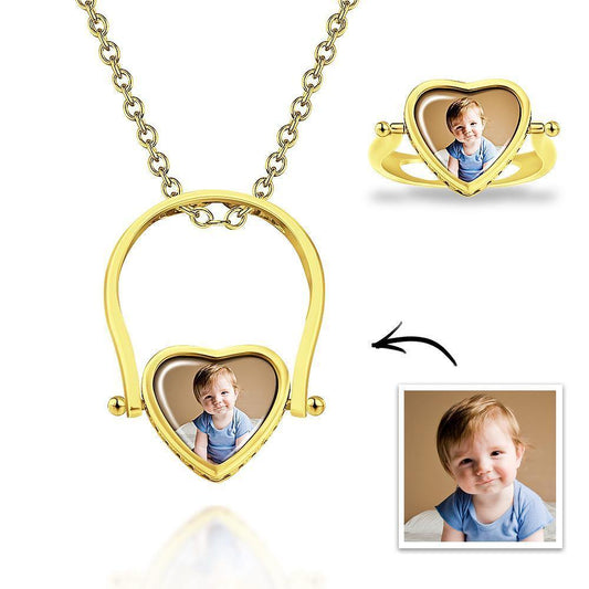 Custom Photo Necklace, Photo Ring Memorial Gifts Dual-use (Ring Size 5#) Rose Gold Plated Silver