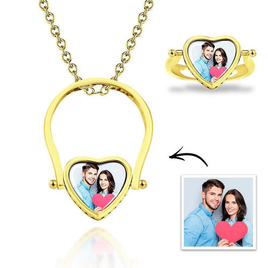 Photo Necklace, Photo Ring Gifts Dual-use (Ring Size 7#) Rose Gold Plated Silver