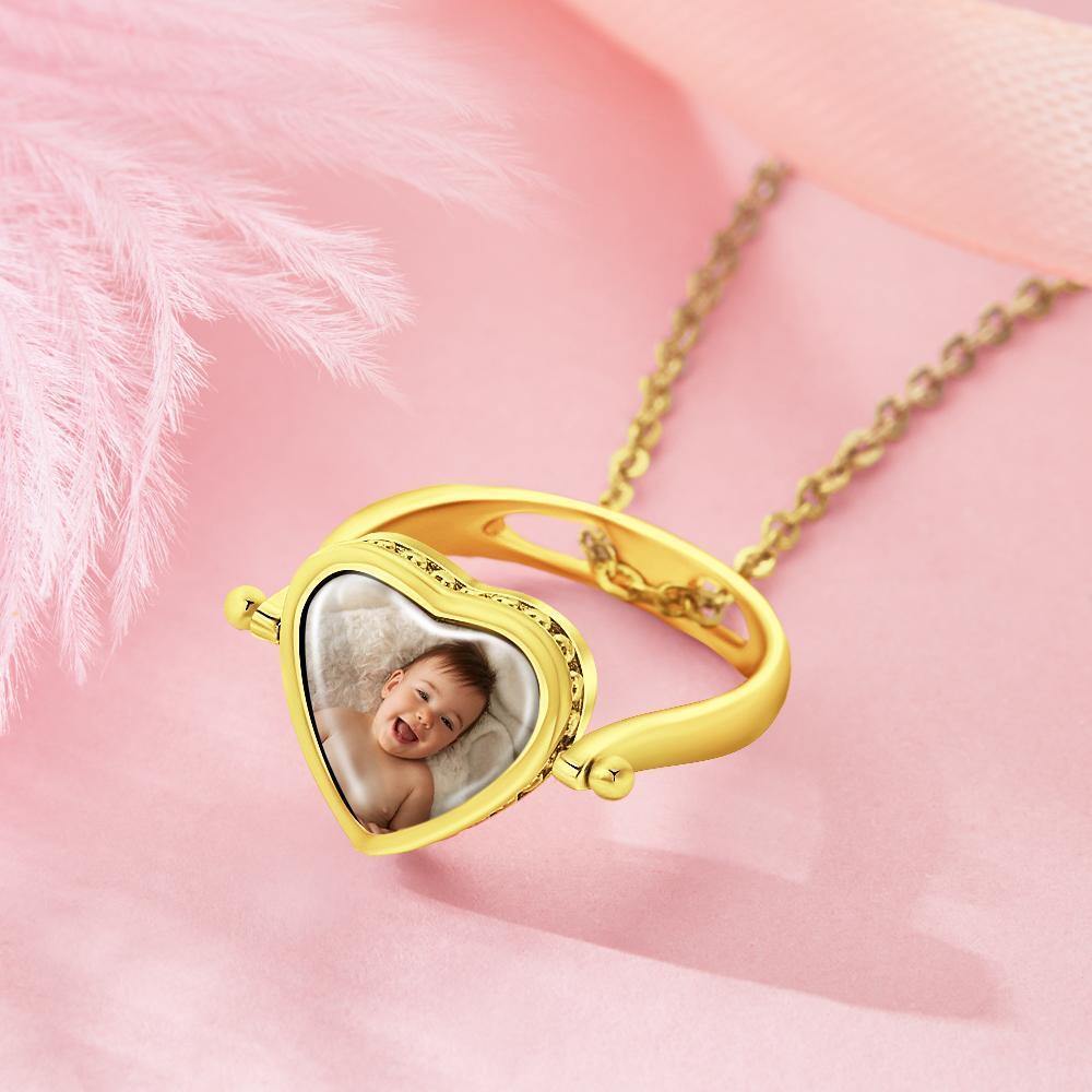 Photo Necklace, Photo Ring Couple's Gifts Dual-use (Ring Size 8#) 14k Gold Plated Silver