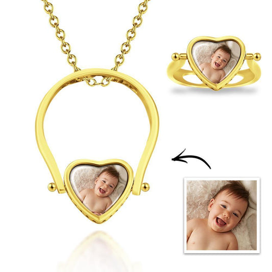Photo Necklace, Photo Ring Couple's Gifts Dual-use (Ring Size 8#) 14k Gold Plated Silver