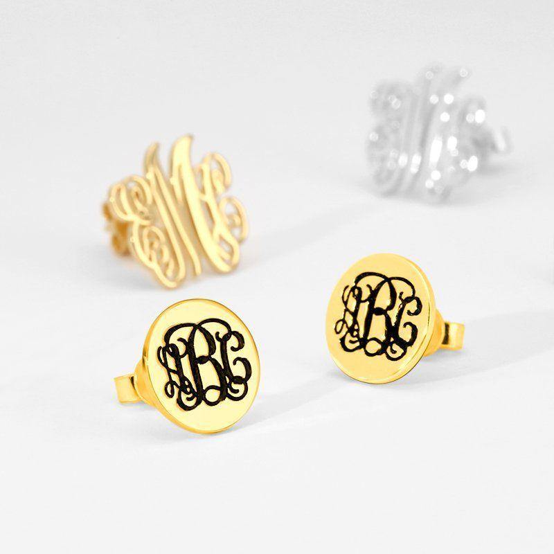 Engraved Monogram Earrings Gold Plated Silver
