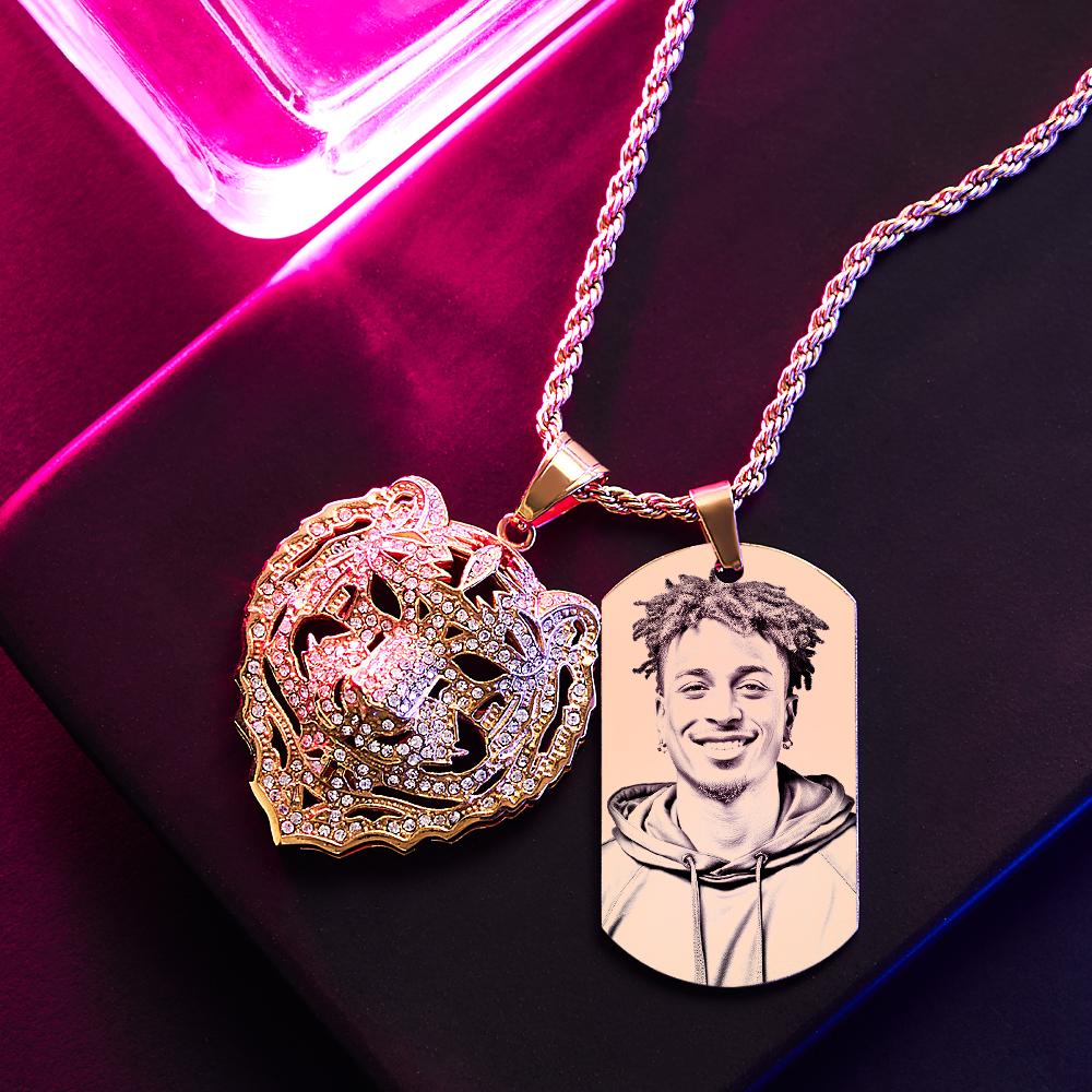 Custom Photo Tiger Hip Hop Necklace Personalized Engraved Trendy Pendant Jewelry For Him