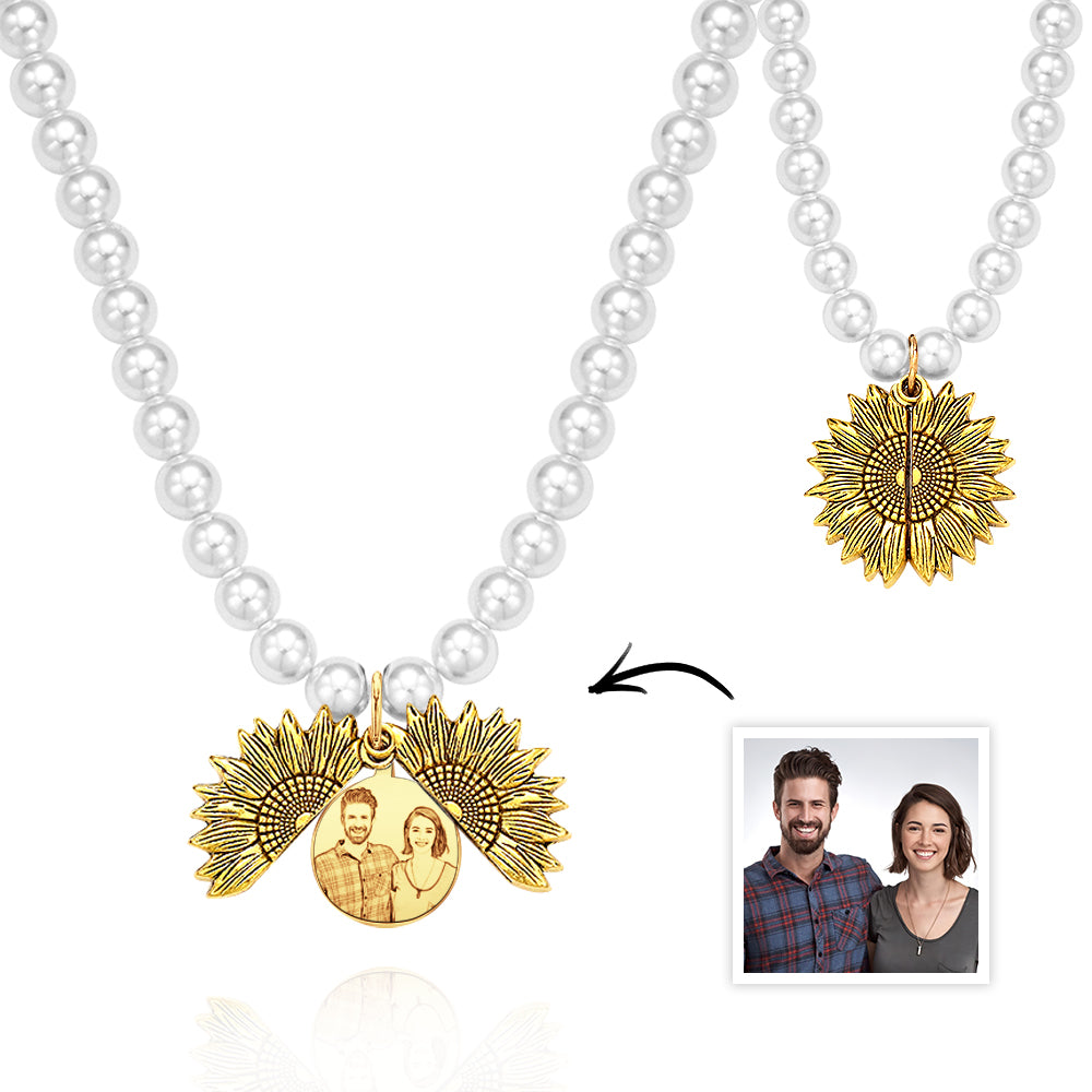 Custom Photo Necklace Vintage Flower Pearl Love Gift