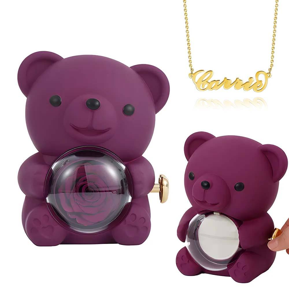 Custom Name Necklace with Real Rose Bear Gift box Rose Shaped Necklace Gift Box Jewellery Gift Box