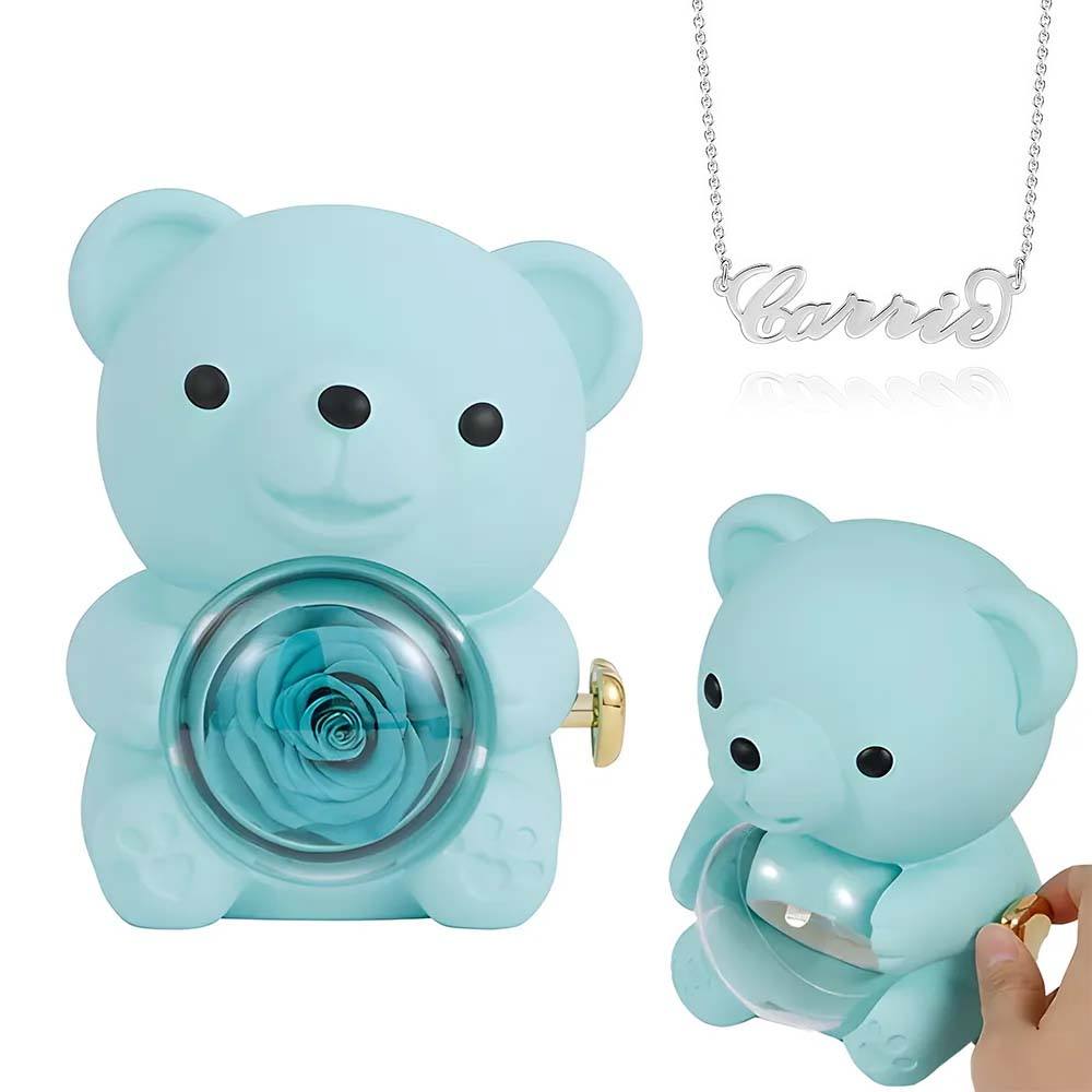 Custom Name Necklace with Real Rose Bear Gift box Rose Shaped Necklace Gift Box Jewellery Gift Box